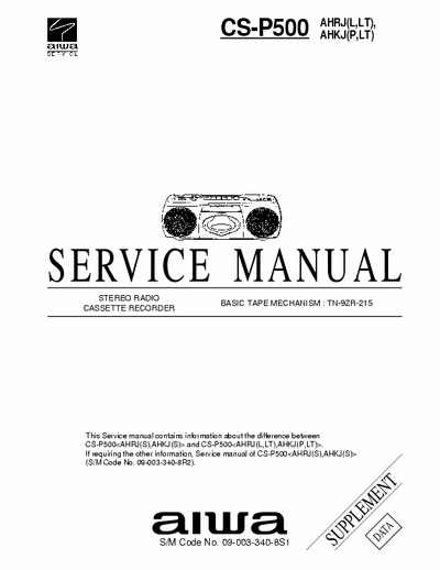 Aiwa CS-P500 Service Manual Radio Tape Recorder - Type AEZ, AK, AHK, AHR, AHA (S) - Tape mech. TN-9ZR-215 - pag. 14 +2